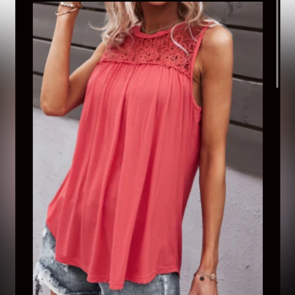 Pink Lace Contrast Yoke Tank Top